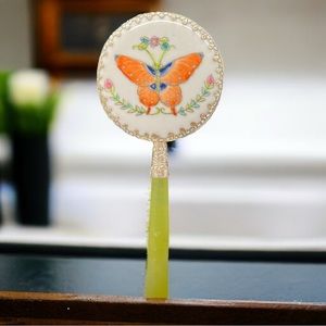 Vintage Porcelain & Jade Handle Decorative Hand Held Mirror